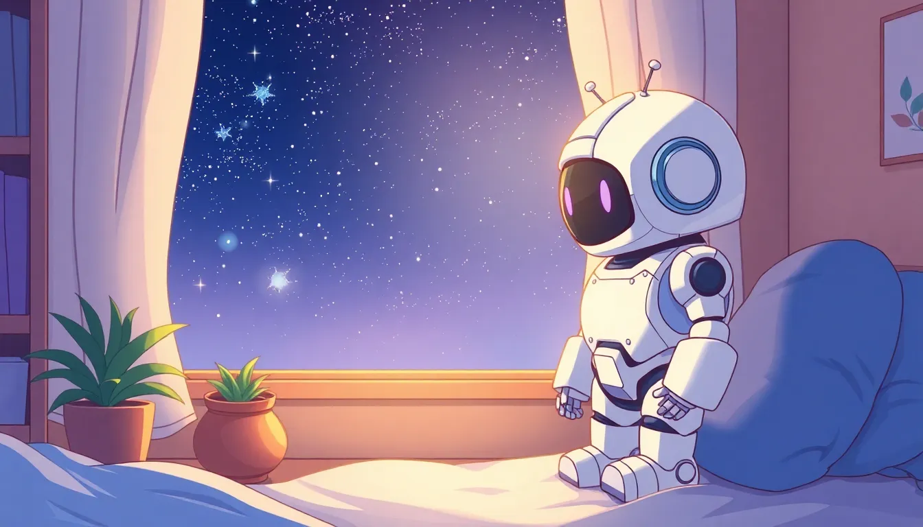 窓から星空を眺めるロボット