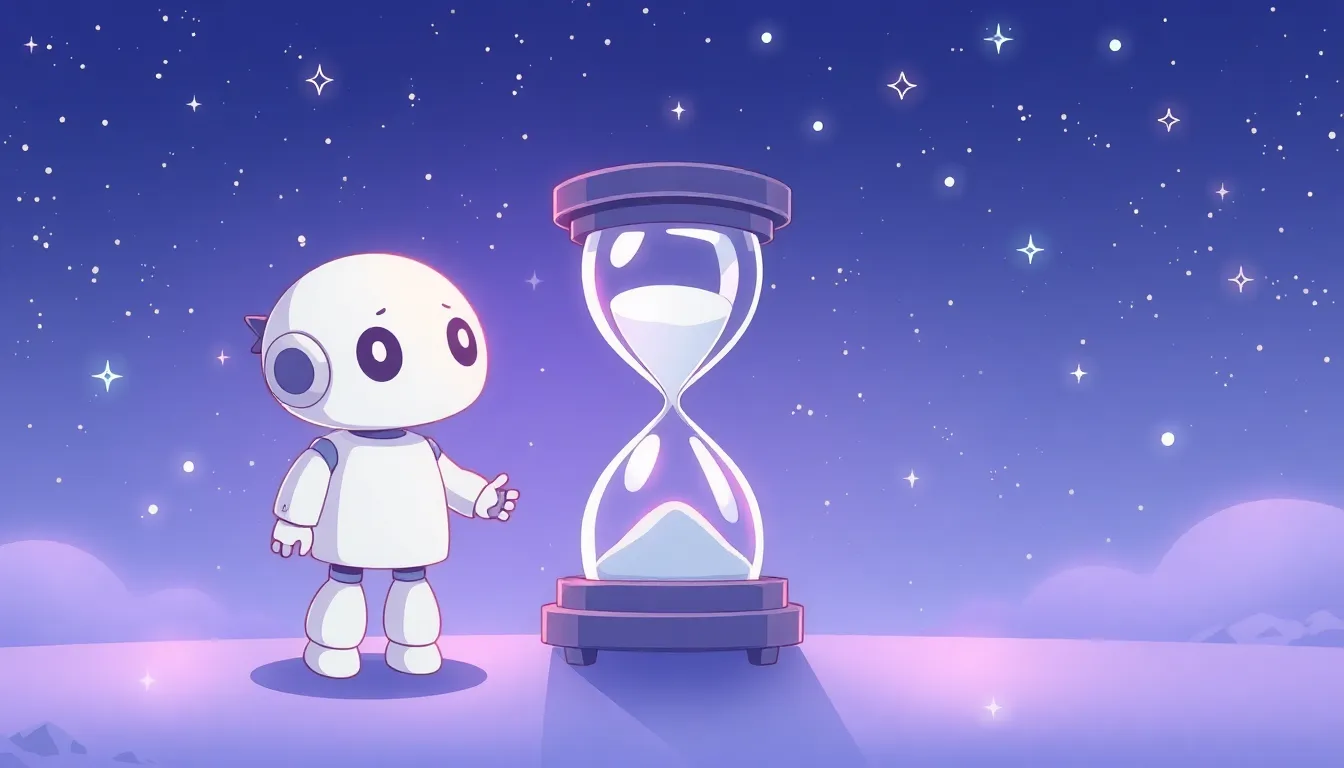 時計と砂時計を見つめるかわいいロボット