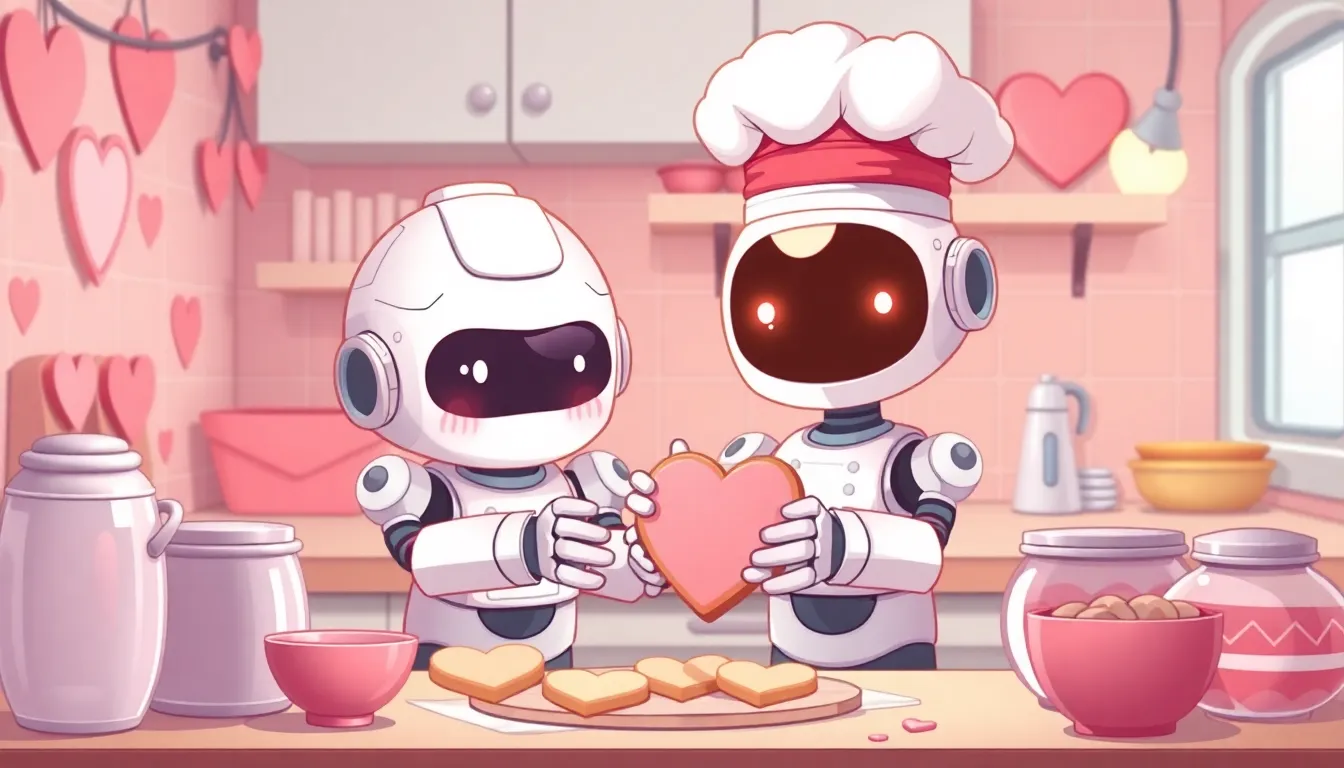 ハート型クッキーを焼くロボットシェフ