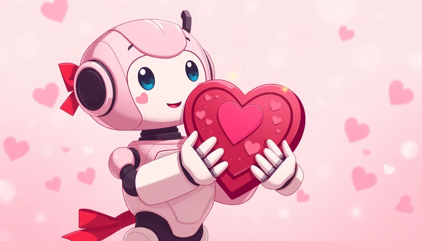 ハートのチョコを持つかわいいロボット
