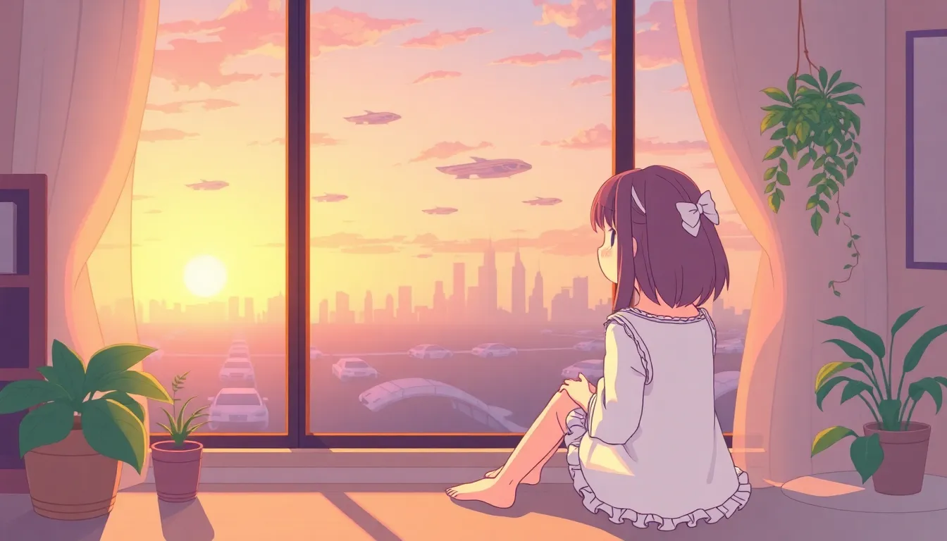 窓辺で未来の街を眺める少女