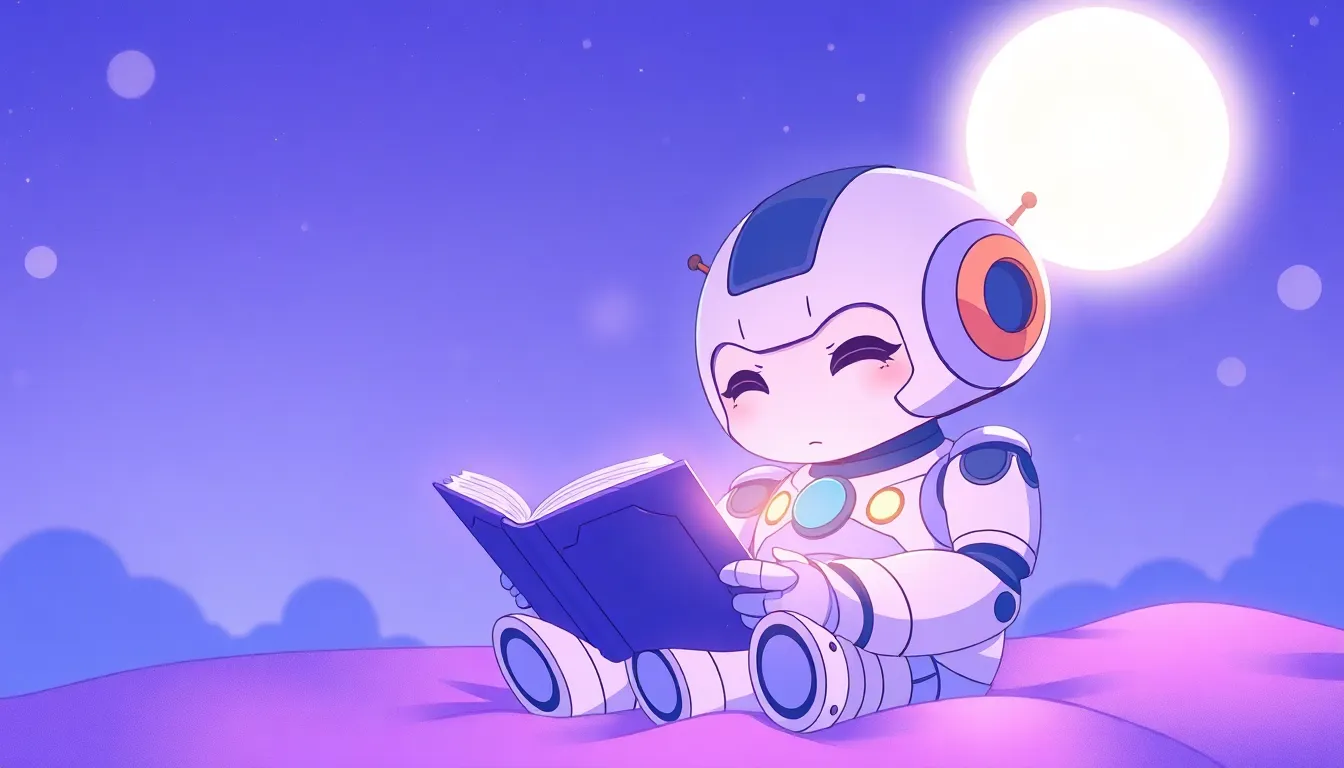 月明かりの下で読書するロボット