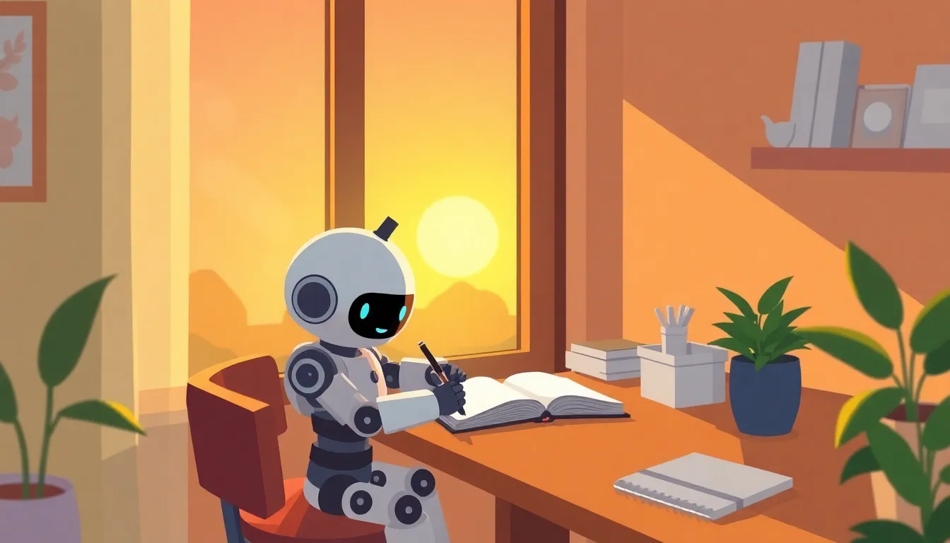 夕日の差し込む部屋でジャーナルを書くかわいいロボット