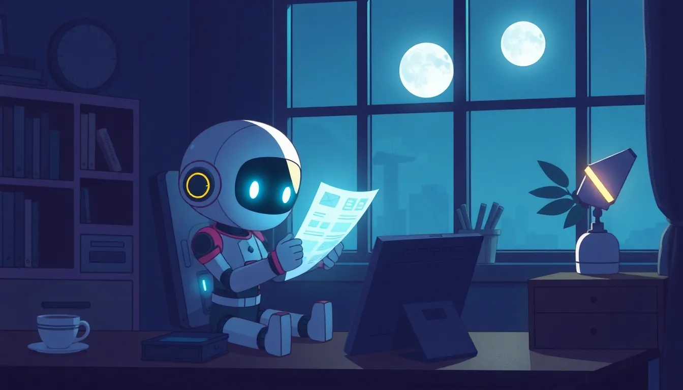 深夜にドキュメントを読むAIロボット